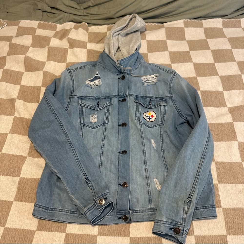 NFL Pittsburgh Steelers Light Wash Denim Jacket with Gray Hood